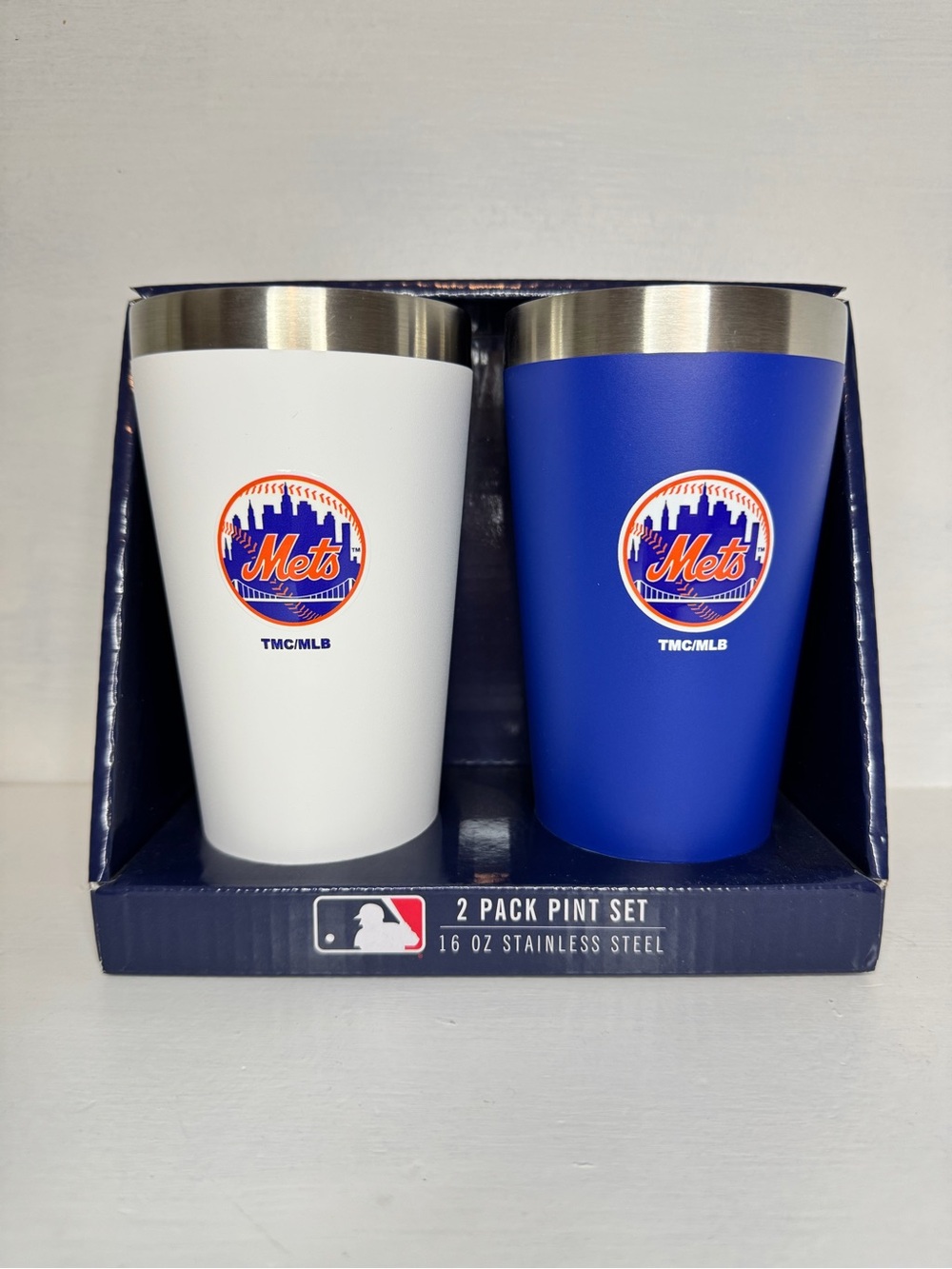 MLB New York Mets 2-Pack Stainless Steel Pint Glass Set 16oz Blue White NWT
